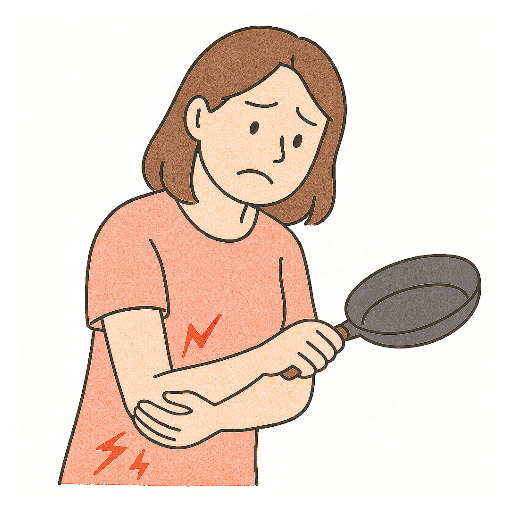 フライパンを持った肘が痛む女性